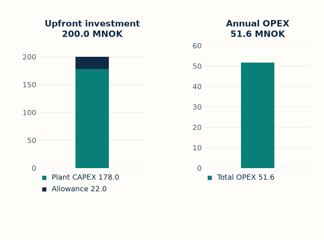 Synthetic cost example separating 178 million NOK plant CAPEX and 22 million NOK unallocated allowance from 51.617 million NOK aggregate annual OPEX